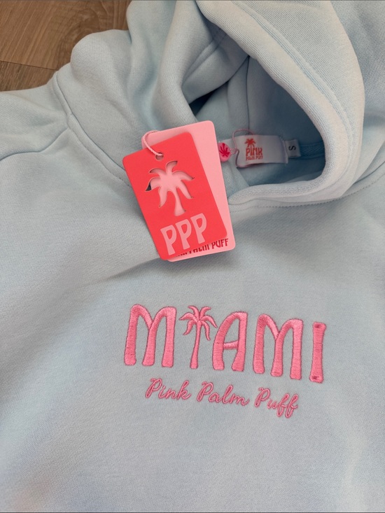 Pink Palm Puff Sweaters - Pink Palm Puff Meet me in Miami Logo Light Blue Hoodie - Pink Embroidery